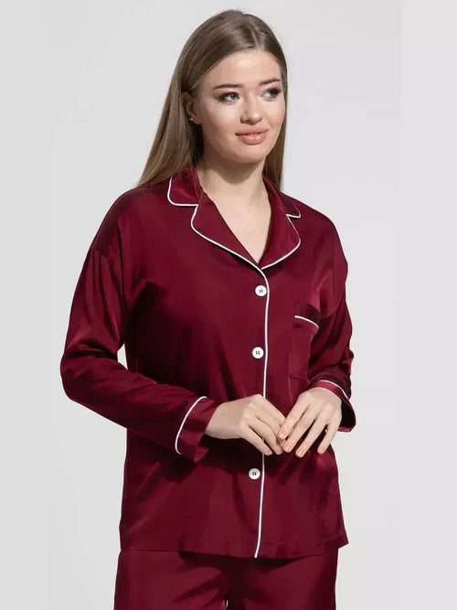 FawaQa | 2 Piece Shirt Trouser Silk Night Suit - MEHROON - FawaQa